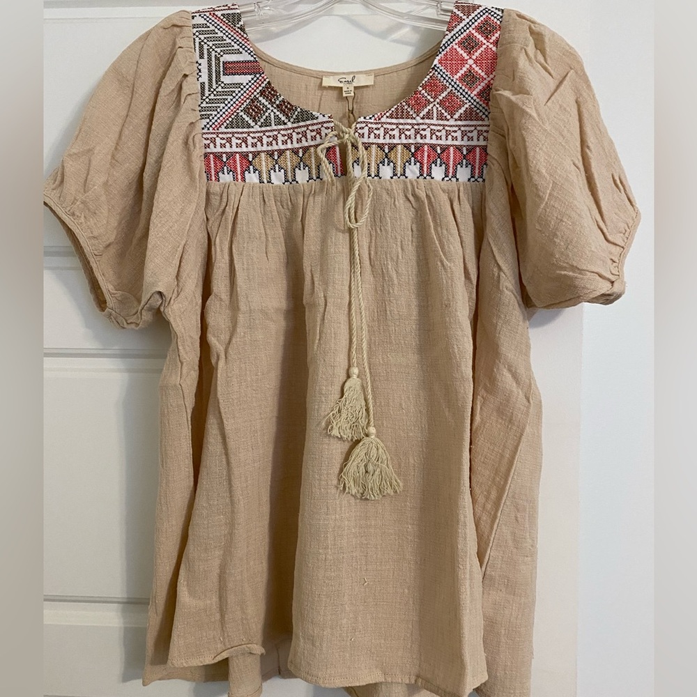 NWT Easel Embroidered Peasant Top with Tassel Tie